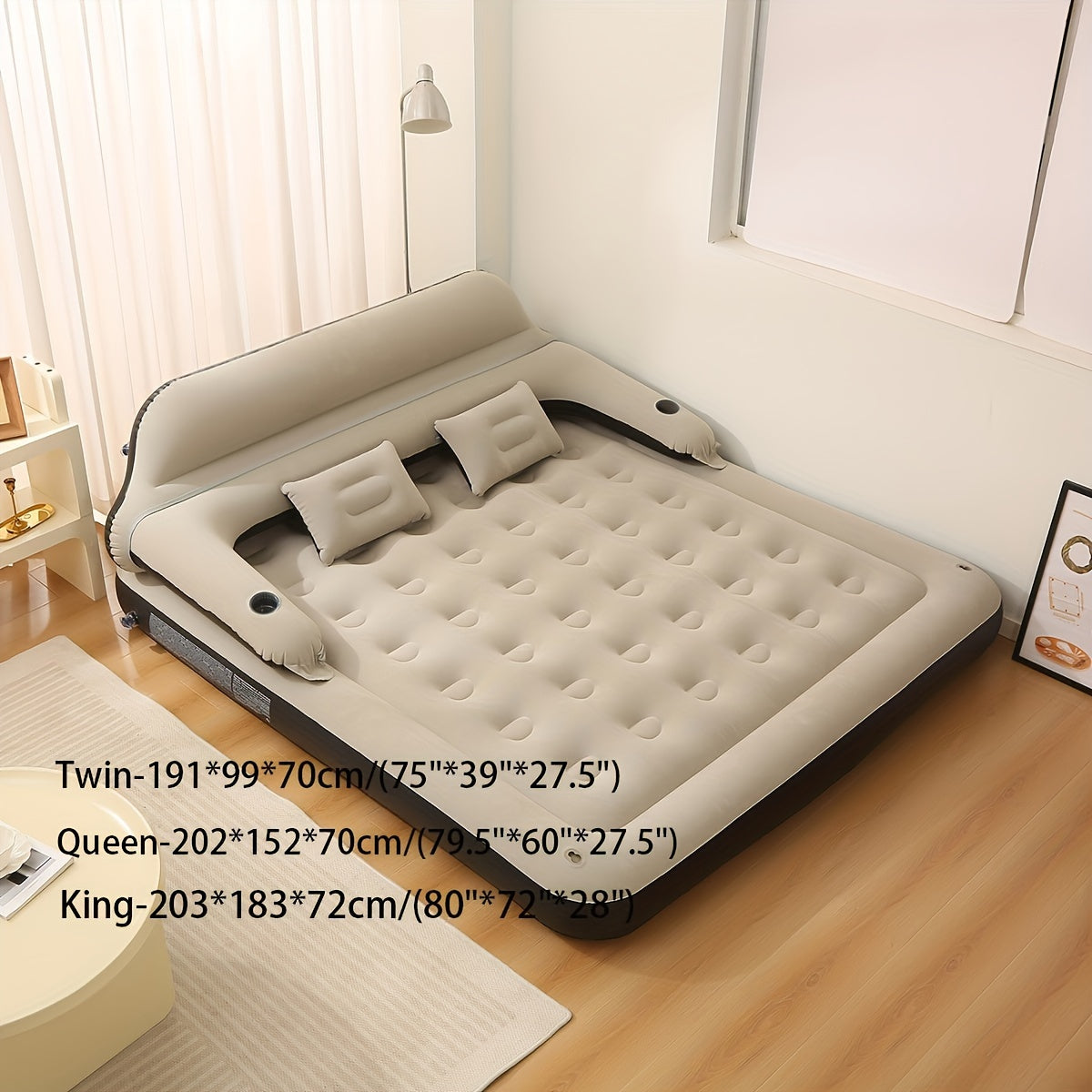 Air mattress with headboard, blow-up sofa bed, for indoor and outdoor use.