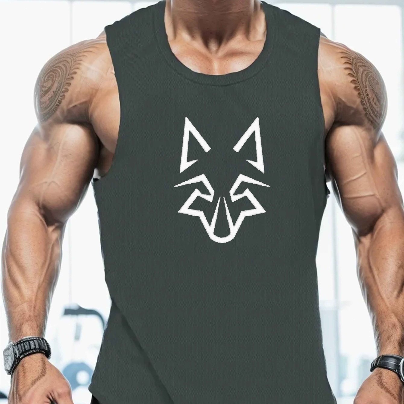 Large Men's Vest with Geometric Wolf Head Design