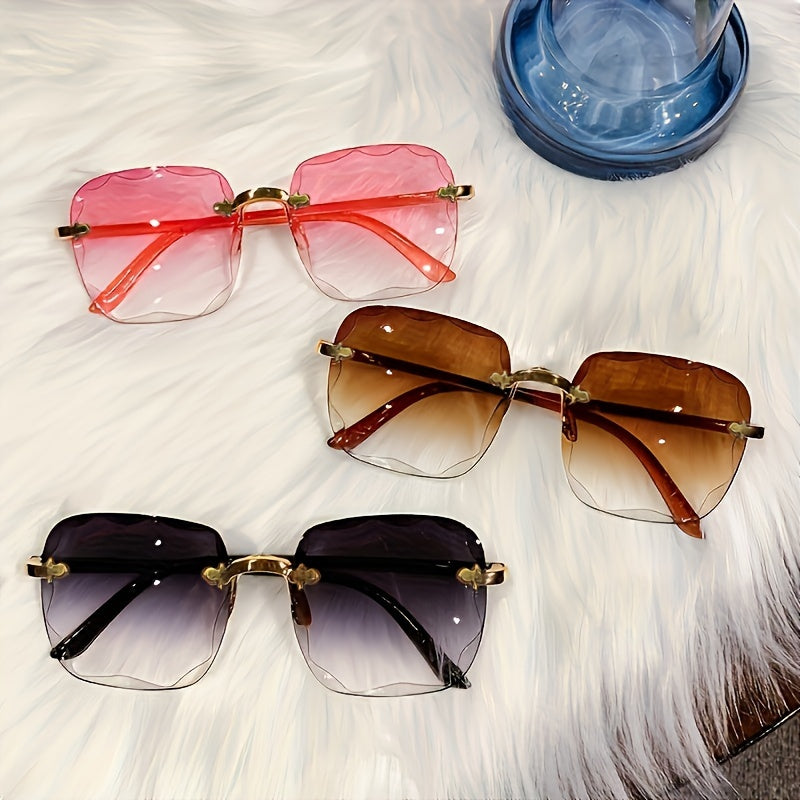 Women's square frameless dress-up glasses with gradient colored lenses and fashionable cut edges.