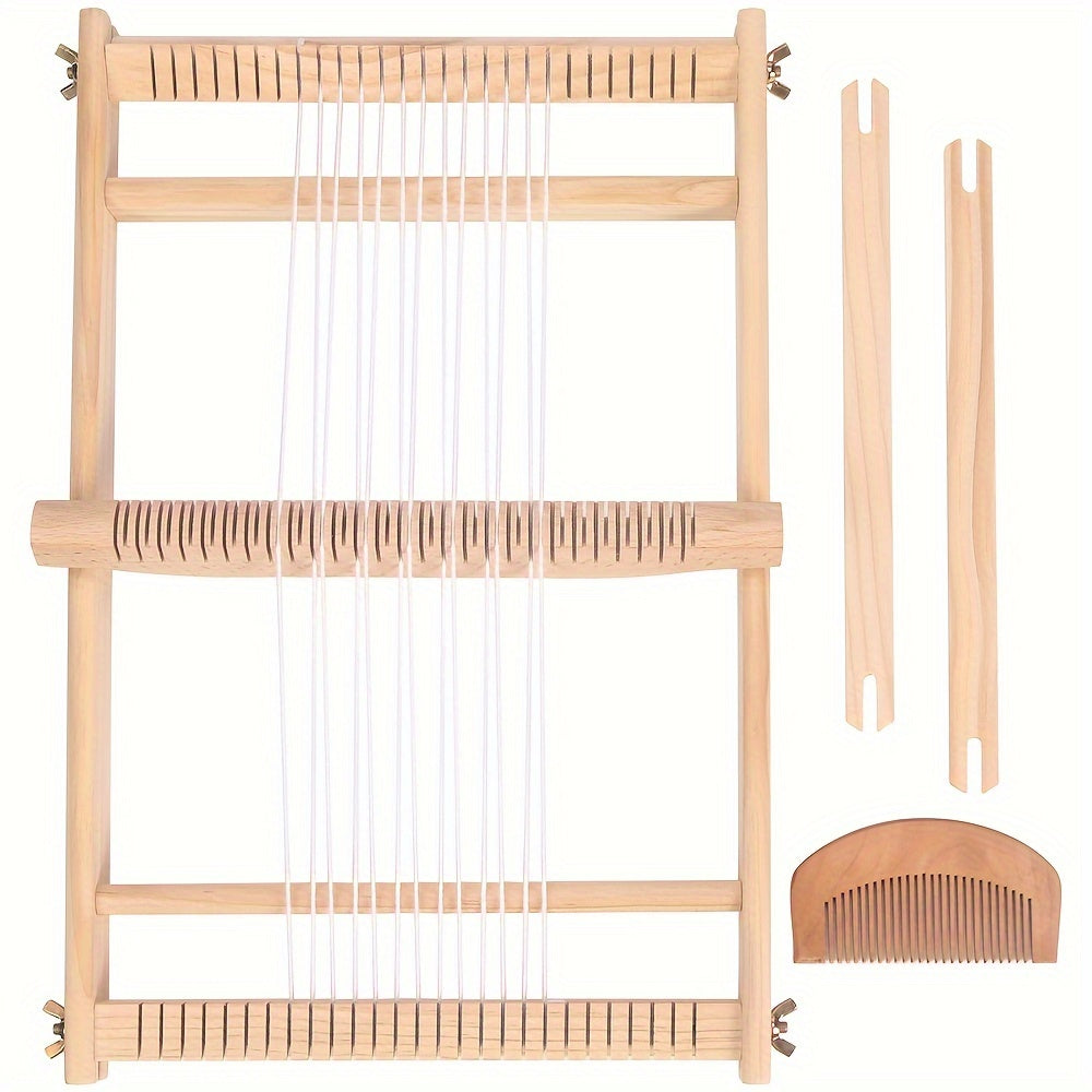 Handmade wooden weaving loom kit for DIY projects, includes shuttle and beaters. Perfect for creating tassel tapestries and carpets without electricity. Ideal for home decor crafting.