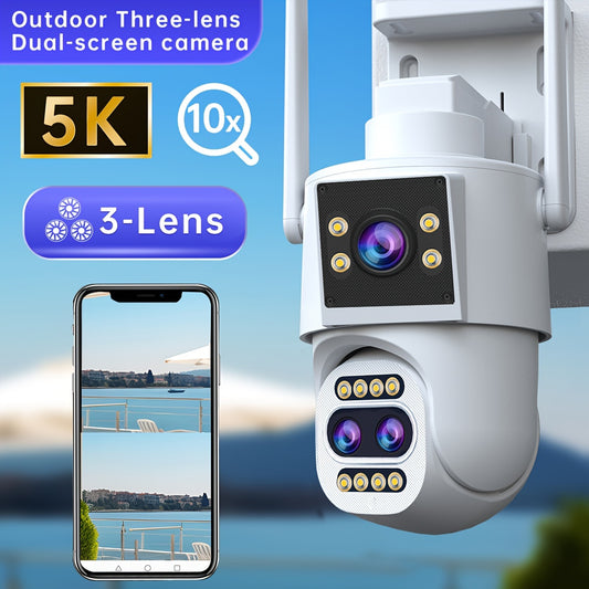 JOOAN Full HD WiFi security camera with 3-lens PTZ, 10x optical zoom, wireless app control, color night vision, two-way audio, motion detection, auto tracking, and sound alerts for home