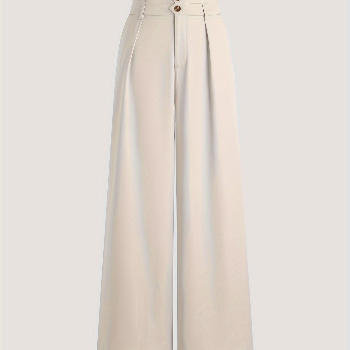 High-waisted wide leg pants for women in solid color, made from a polyester blend. Features button detail and suitable for all seasons.