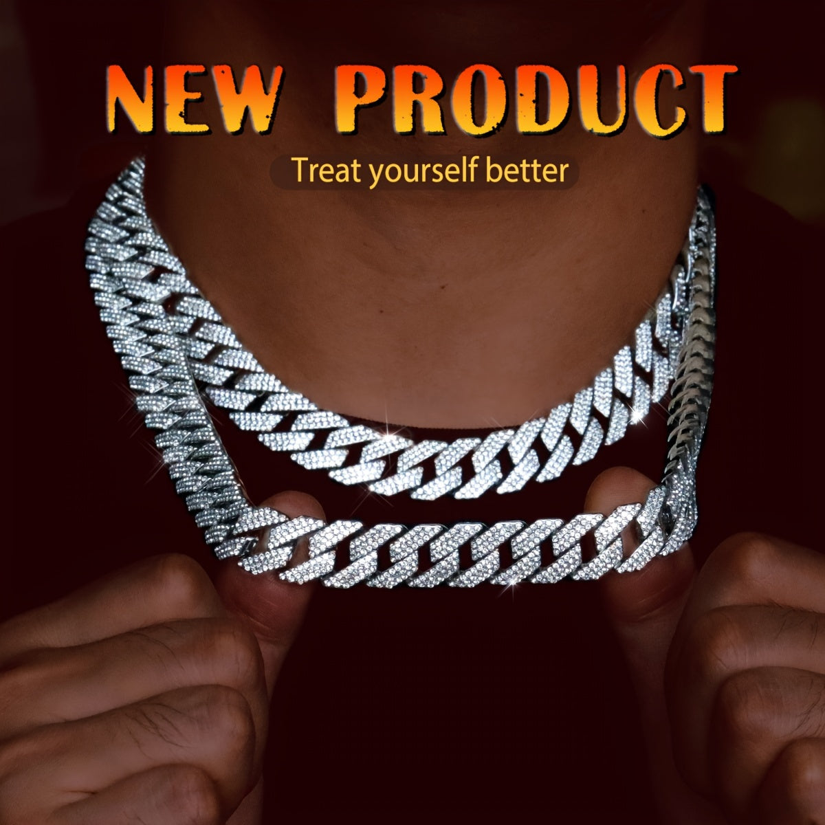 Icy 3-Row Rhinestone Cuban Link Chain Necklace for Men - Edgy Hip Hop Fashion, Made of Zinc Alloy, Ideal for Party Wear