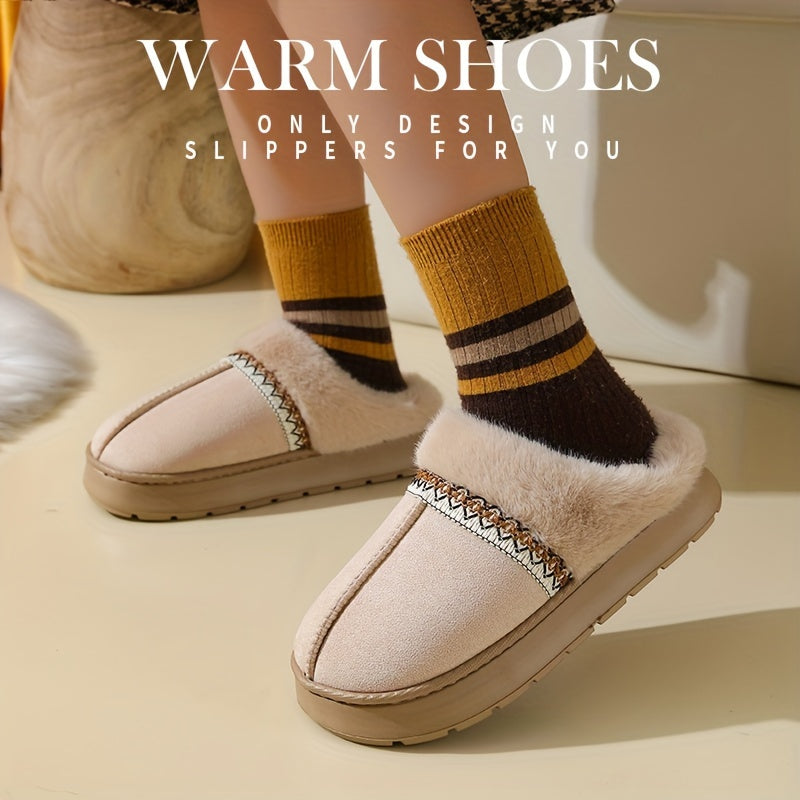 Women's cozy slippers with plush lining, non-slip EVA sole, soft fabric, casual style, hand wash only, solid color, all-season wear, no print.