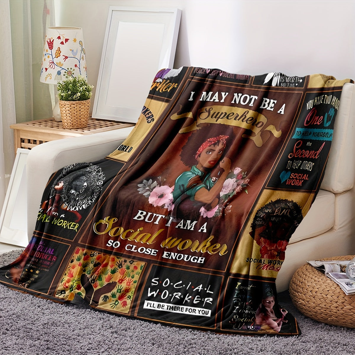 The perfect gift for social workers - a cozy flannel throw blanket with uplifting quotes, ideal for use on the couch, bed, at the office, or while camping.