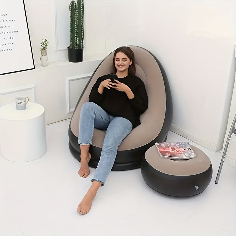 The Khaki Lazy Sofa is a versatile and convenient option for relaxation, whether at home, in the office, or outdoors. This foldable inflatable sofa comes with a foot cushion for added comfort. Made of hand washable PVC, this lounge chair is easy to clean