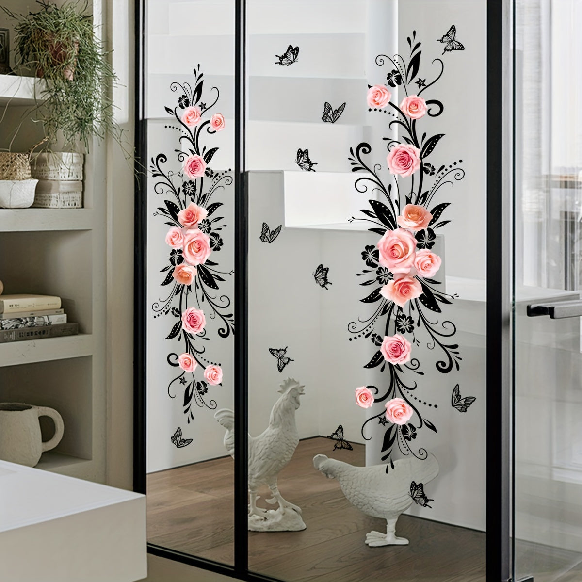 Double-sided pink rose and black butterfly decals for bathroom and living room walls.