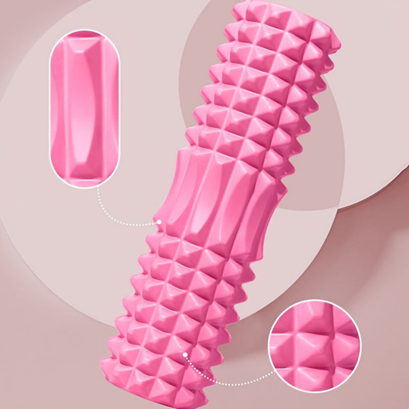 Compact and durable mini foam roller with EVA massage bumps for deep tissue relief. Ideal for yoga, Pilates, and gym workouts. Available in pink, purple, and blue.