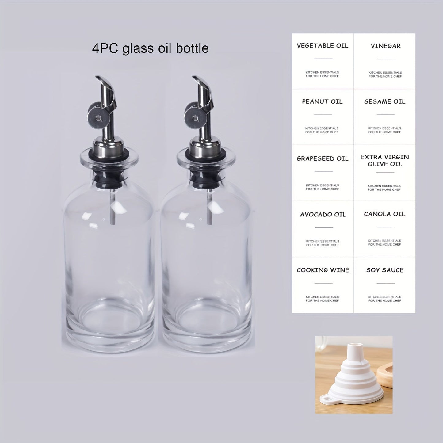 Set of 4 Automatic Opening and Closing Oil and Vinegar Containers including an Olive Oil Bottle, Zhenli Bottle, Transparent Oil Container, and Vinegar Bottle. Also includes a Seasoning Bottle for the kitchen. These leak-proof bottles are perfect for