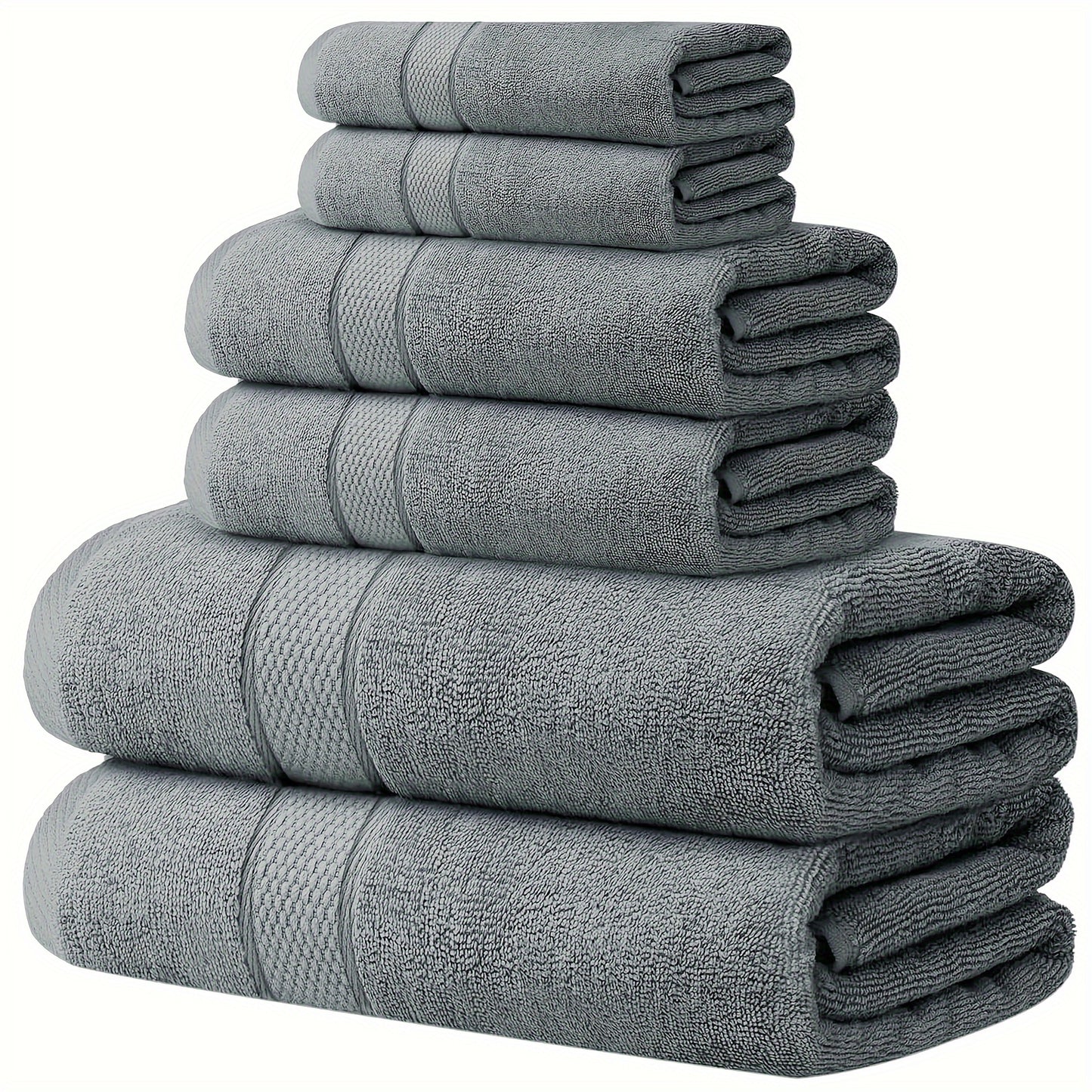 6-piece cotton towel set includes 2 bath towels, 2 hand towels, and 2 washcloths. Quick-drying, soft, and absorbent towels suitable for bathroom, gym, hotel, and spa use.