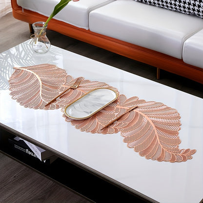 Gold table flag with PVC leaf design, heat-resistant and anti-slip, perfect for coffee tables. 1 piece.