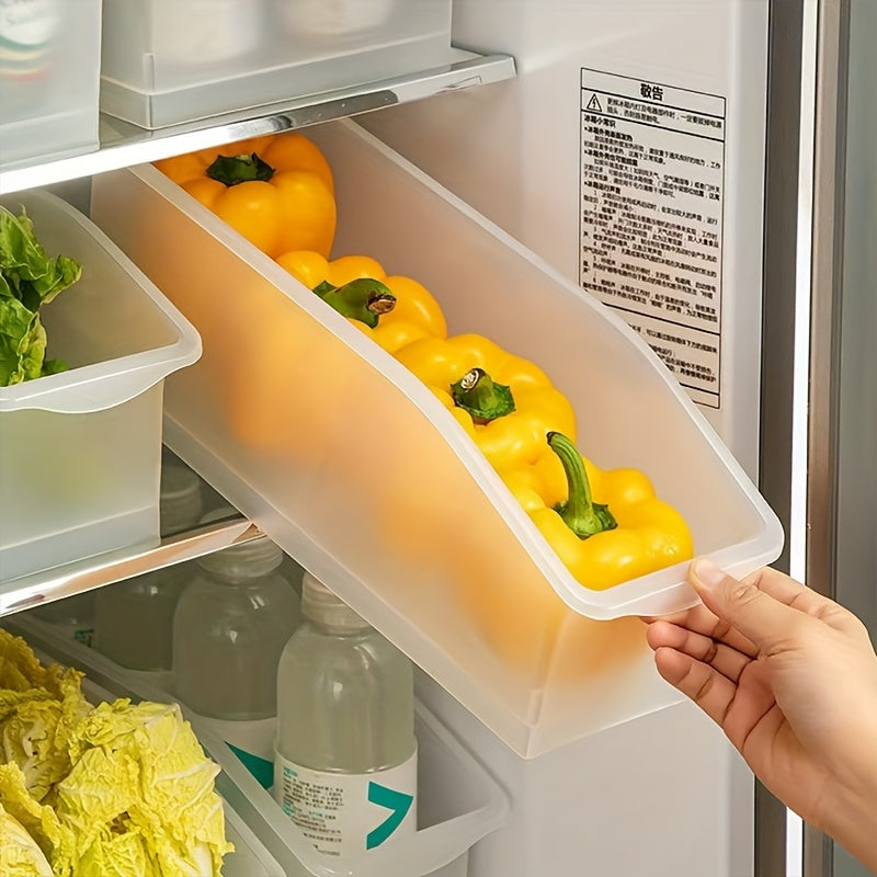 Sliding Refrigerator Organizer Bins - Set of 4, Stackable Storage Drawers for Fruits, Vegetables, Eggs, and Frozen Foods. Multi-functional Kitchen Organizer with Rolling Casters and Food-Safe Plastic Material ideal for Countertop and Sink Organization.