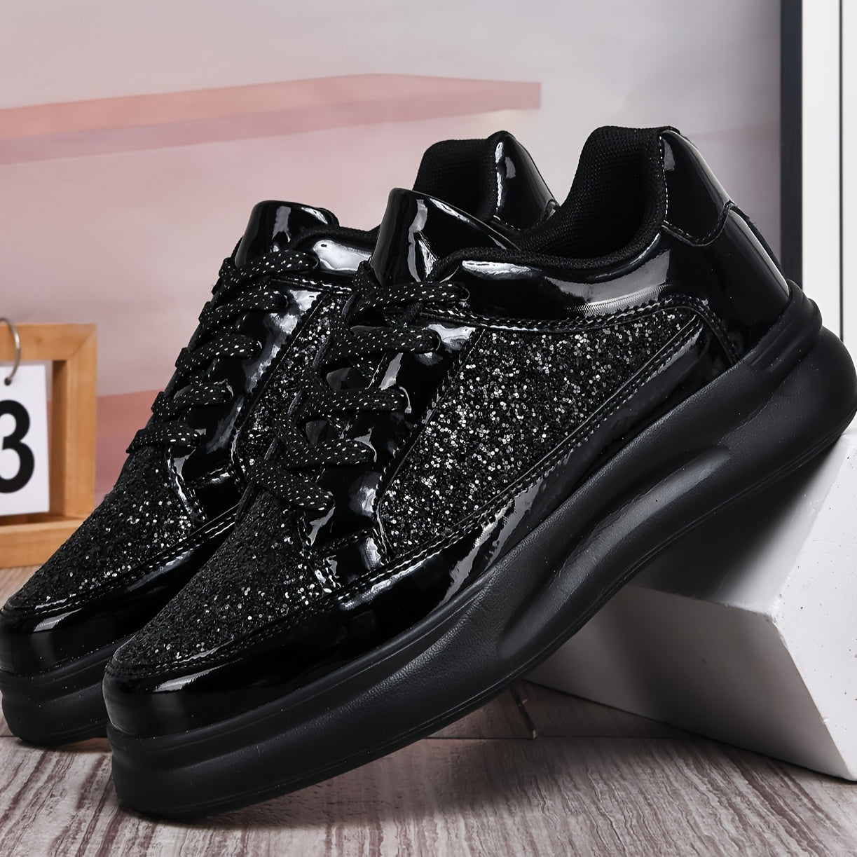 Sequin low-top sneakers with synthetic upper, fabric lining, and EVA sole for women - perfect for outdoor activities, travel, and casual wear.