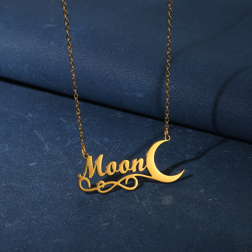 Stylish Personalized Moon & Leaf Name Pendant Necklace - Made of Stainless Steel, Vintage-Inspired Letter Jewelry for Women - Ideal for Everyday Wear, Customizable, Engraved Plaque