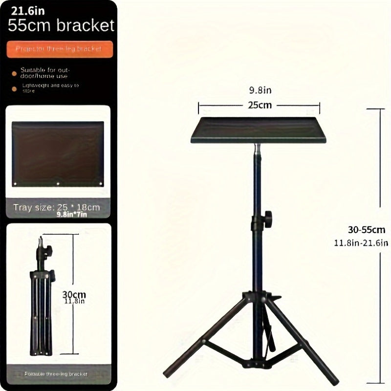 Adjustable tripod stand for projector made of carbon steel, suitable for cameras and laptops. Standard mount holder, does not include battery and is not wireless.