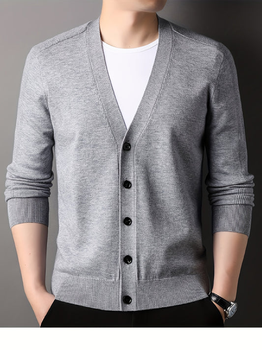 Men's plus size V-Neck cardigan made of viscose blend knit with rib-knit details, long sleeves, and button placket. Perfect for spring/fall, semiformal occasions. Stylish, ribbed edges.