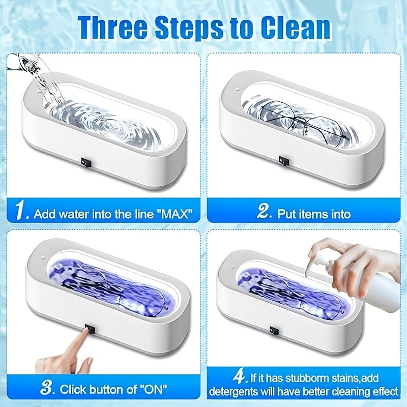 Portable Multi-Functional Cleaning Box with High-Frequency Vibration for Deep Decontamination. Lightweight and rechargeable battery operated (requires 2xAAA batteries, not included). Perfect for cleaning jewelry accessories without the need for a