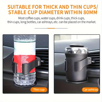 Adjustable vehicle cup holder with swivel base and clip-on design, made of plastic for universal fit.