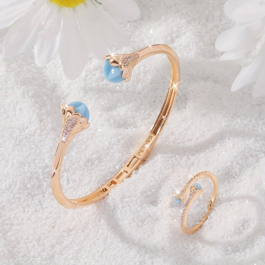 Elegant and Minimalist Jewelry Set for Women - Featuring 18K Gold-Plated Copper with Zirconia and Colorful Resin Accents - Includes Adjustable Open Cuff Bracelet and Matching Ring - Perfect for Daily Wear or Special Occasions