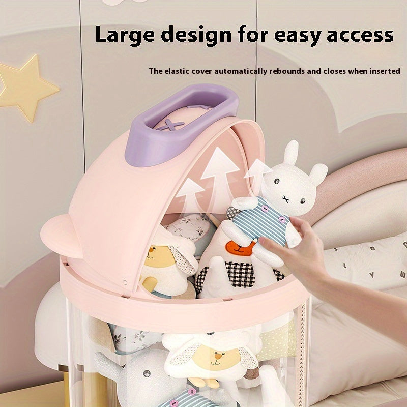 Large capacity doll storage bucket with transparent sides, zipper plush toy storage, and 4 wheels. Ideal for living room, bedroom, study, closet, or holiday decorations.