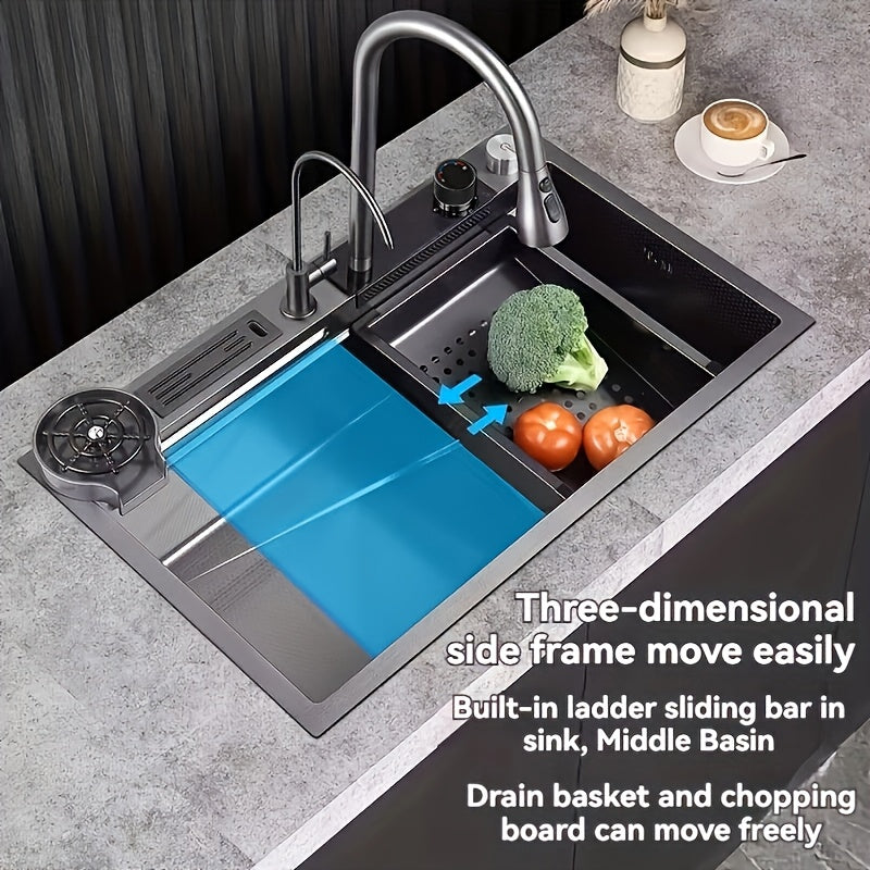 Glam Style Stainless Steel Kitchen Sink with Integrated Faucet, Right Drain, Polished Finish, Insert Mount, Waterfall Rainfall Feature, Built-in Knife Holder, for Modern Elegant Home