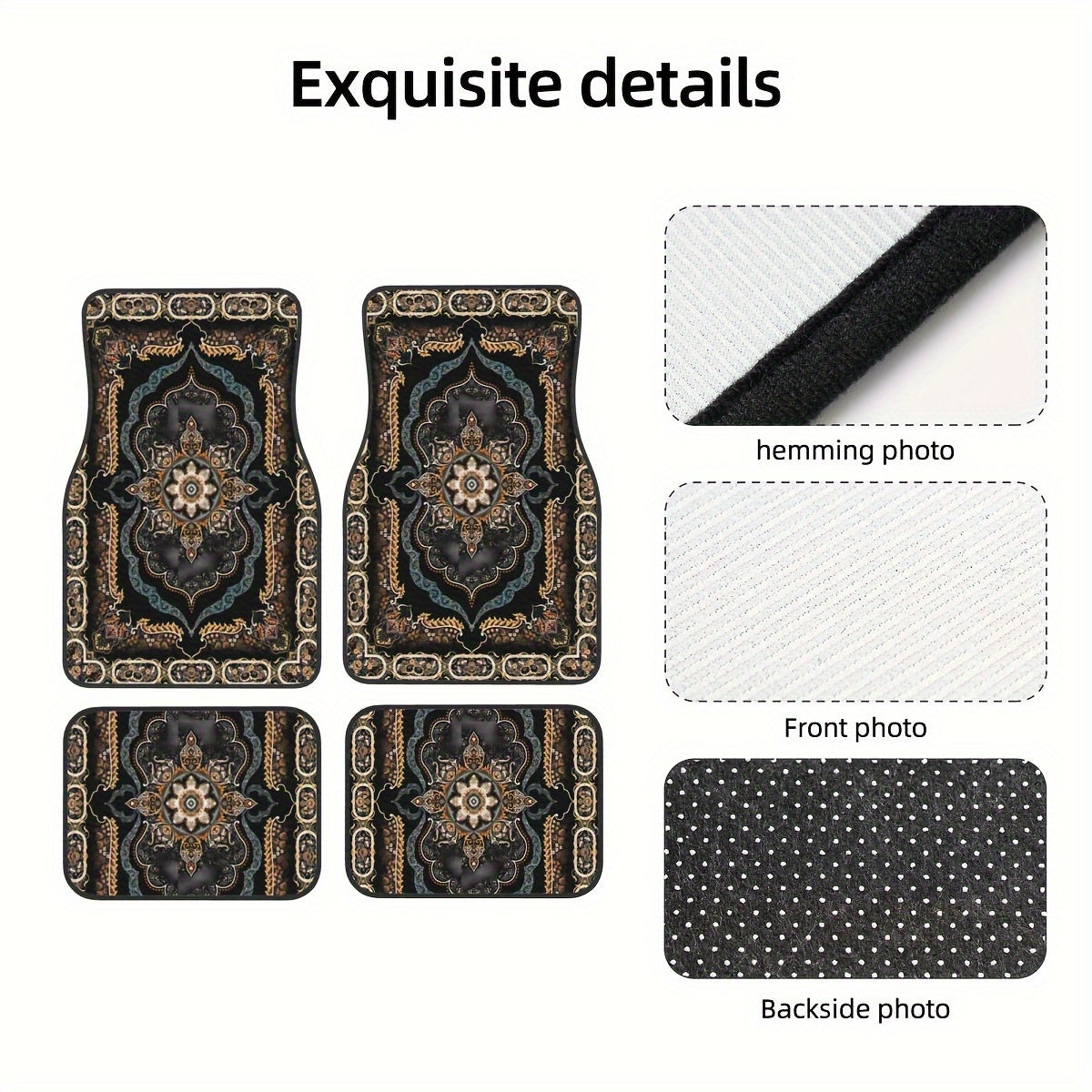 4pc Bohemian Pattern Car Rubber Mats, Non-Slip, Waterproof, Easy to Clean, Made from Synthetic Rubber for Front and Rear Vehicle Use.