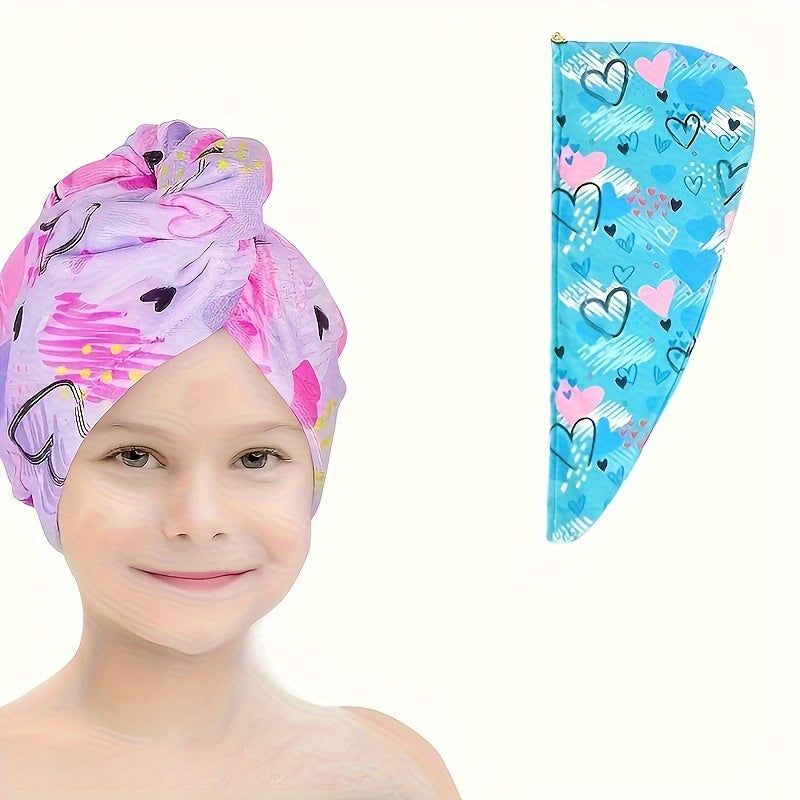 Printed microfiber hair towel for kids with quick-drying soft fabric, and button hair bandana for girls to wrap wet hair in salon.