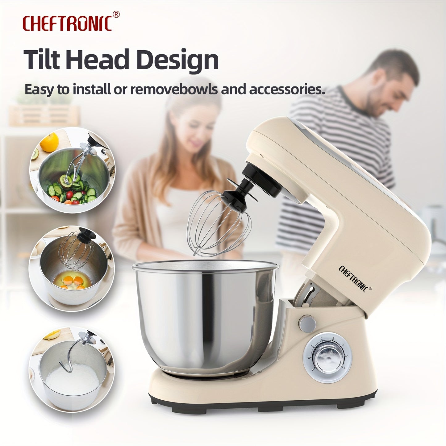 CHEFTRONIC 5.5QT Stand Mixer - 1300W 6-tezlikli Tilt-Head Oshxona Elektr Mikseri, Xamir Qopqog'i, Tuxum Qamchisi, Aralashtirish Pichog'i va Qamchi bilan - Pishirish va Ovqat Tayyorlash uchun Ideal, Metall+Plastik Tanasi.