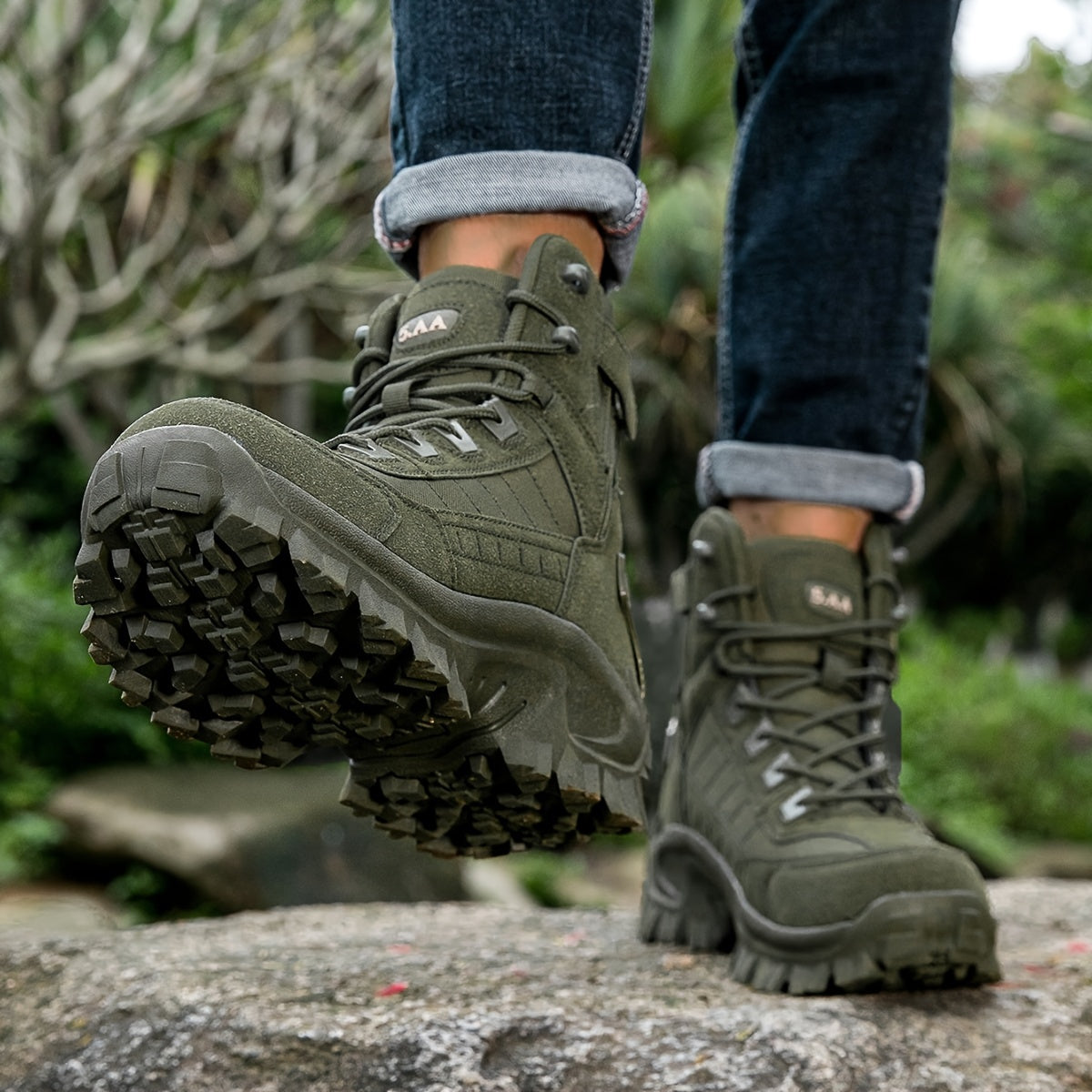 Durable men's khaki hiking boots with side zipper, non-slip sole, mesh lining for outdoor adventures.