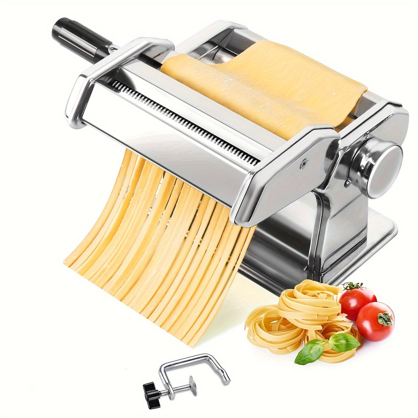 Manual Pasta Maker Machine with Hand Press, 8 Adjustable Thickness Settings, Washable Aluminum Alloy Roller and Cutter