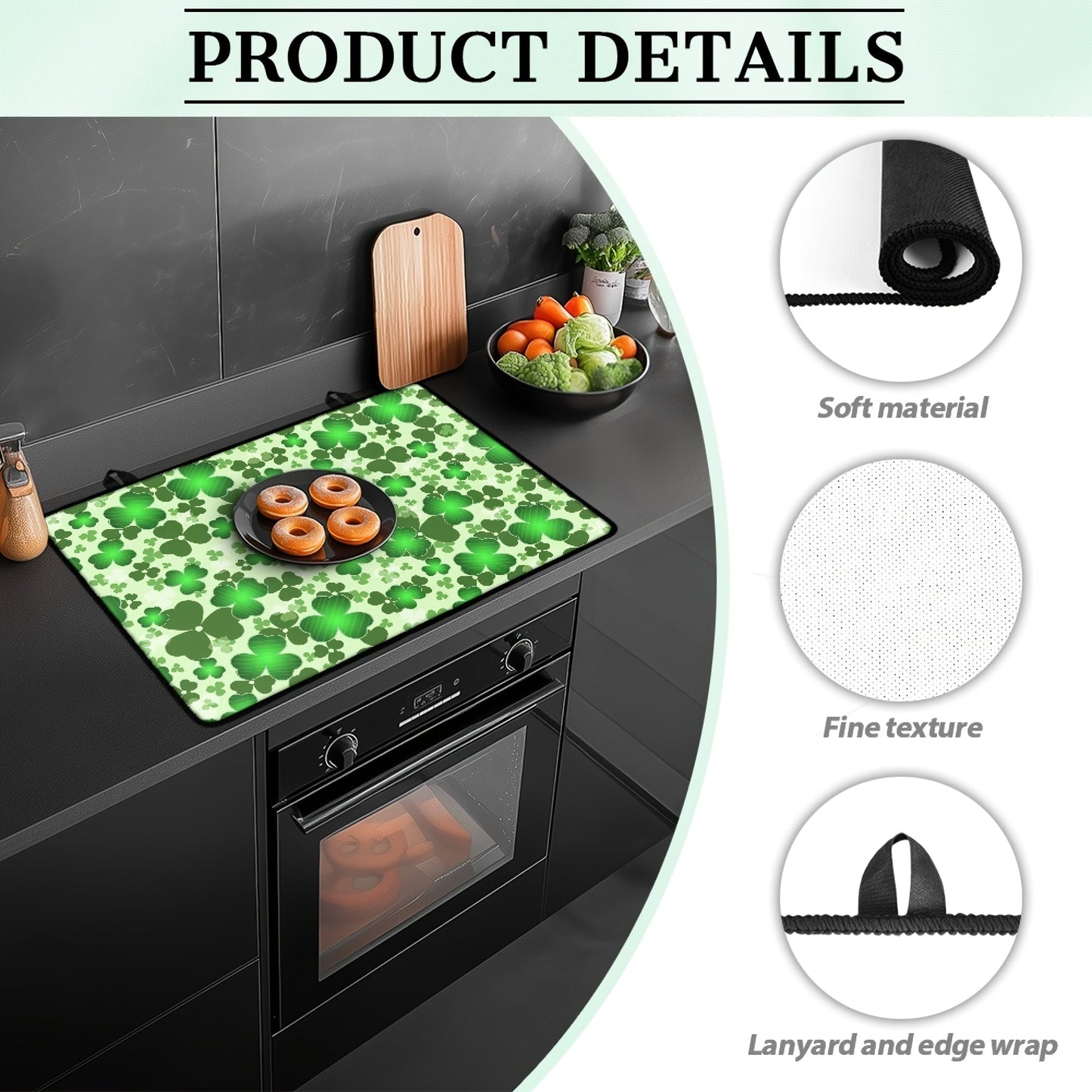 Heat-resistant non-slip stove cover featuring a St. Patrick's Day clover and green hat design. This glass ceramic protector includes a rubber guard and scratch-proof coffee mat, perfect for protecting your kitchen countertop space. It can also be used as