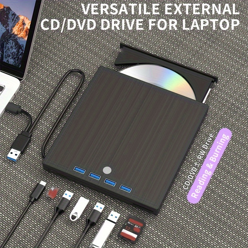 Compact portable DVD/CD drive with USB 3.0 & USB-C compatibility. Burn and play CDs/DVDs with ease on laptops, desktops, and all-in-one computers. Stylish black design for seamless media