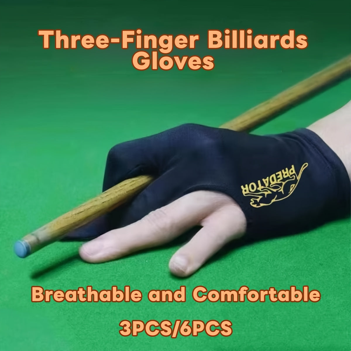 Set of 3/6 Black Three-Finger Billiard Gloves designed for the left hand, soft and comfortable with good breathability, suitable for snooker, eight-ball, and nine-ball.