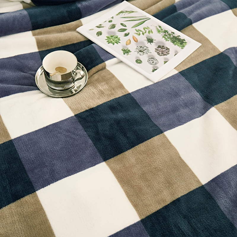 Soft and cozy blue plaid flannel throw blanket that is gentle on skin for all seasons. Ideal for naps at home, the office, in the car, while camping, or during travel.