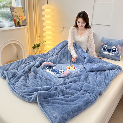 Disney Stitch 2-In-1 Pillow and Blanket Set, Modern Cartoon Theme, All-Season Polyester Woven Blanket, Portable and Multi-Purpose, Ideal for Travel and Office Use in Winter.