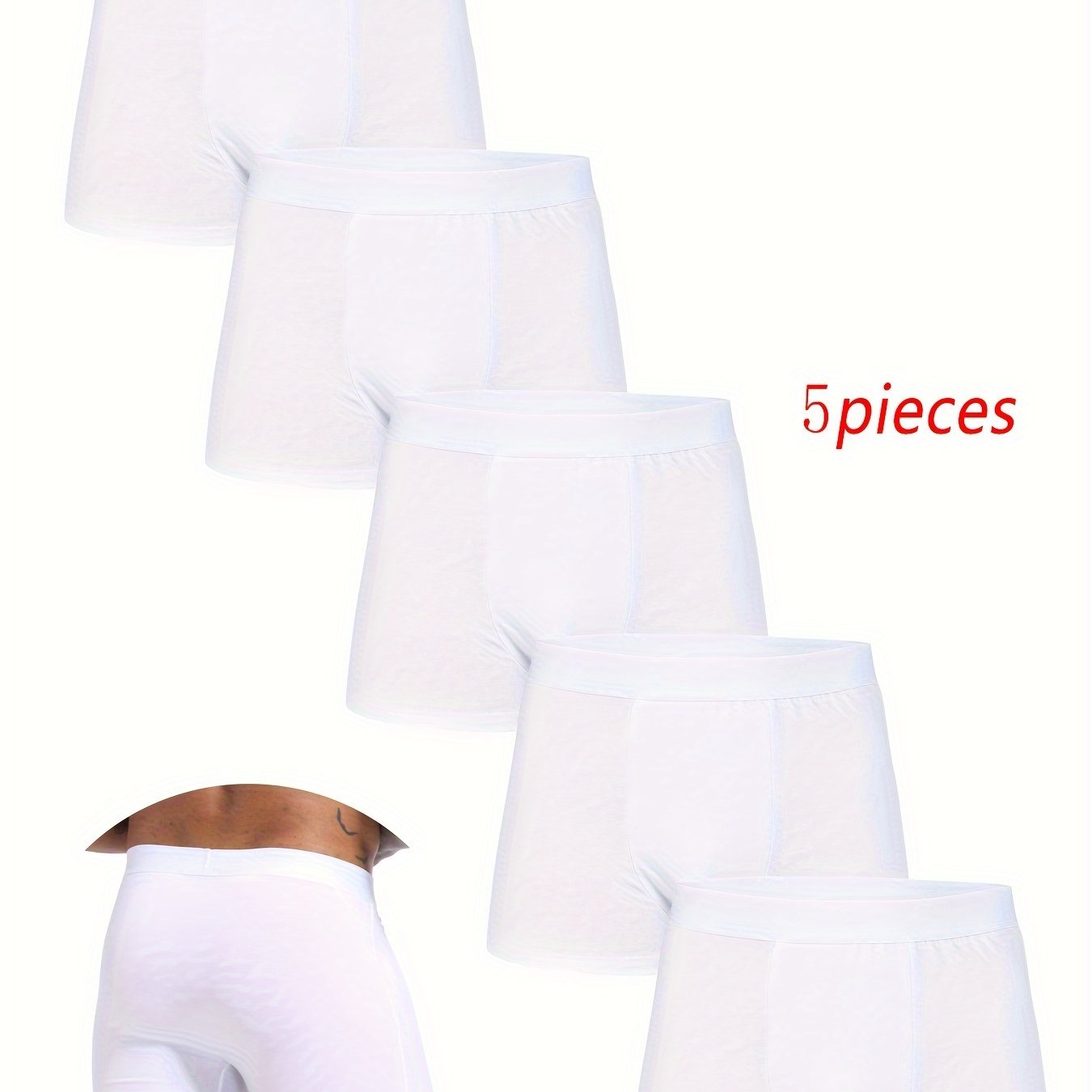 Men's white boxer shorts, 5 pcs in polyester blend with elastic waistband. Durable, breathable, machine washable, ideal for casual wear.