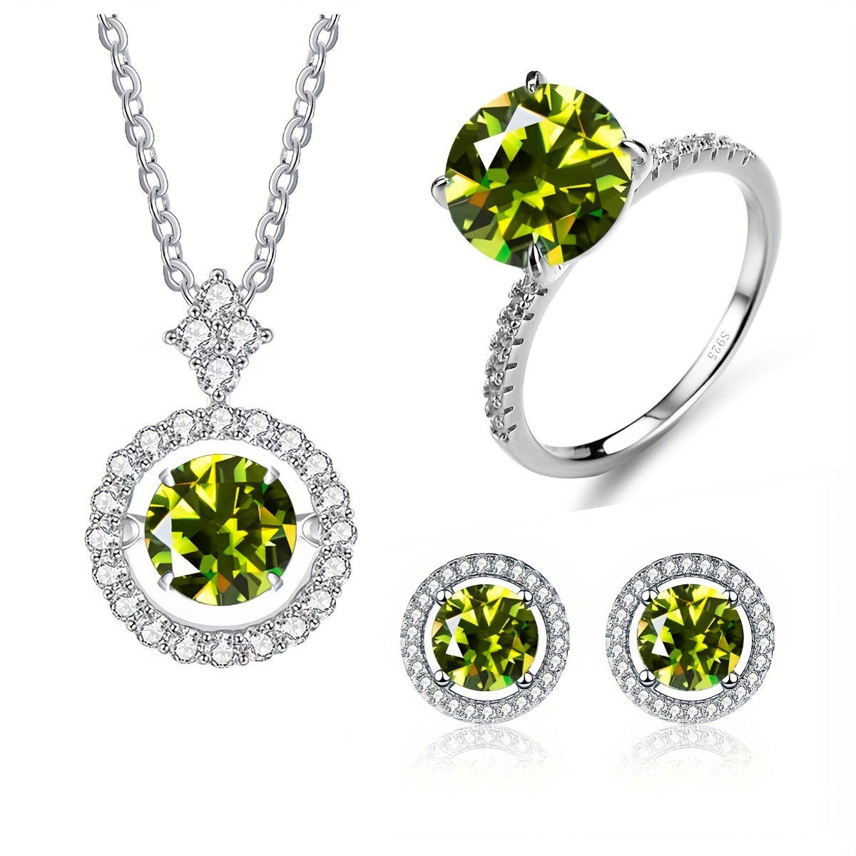 Set of 4 Moissanite Earrings (1ct each)*2, 1ct Moissanite Ring, and 3ct Moissanite Necklace in 925 Sterling Silver. Available in Multiple Colors with Gift Box