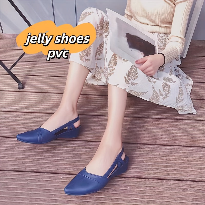 Women's wedge heeled ankle strap shoes in solid colors, with a pointed toe for casual comfort.