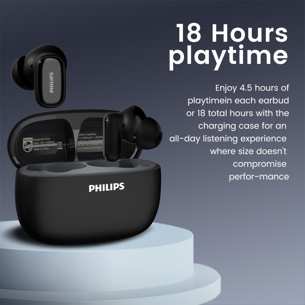 New Philips BT Earphones with Wireless Charging Case, 24-hour Playtime, Mic, Touch Control, TAT2569, for Gaming, Running, Cycling.