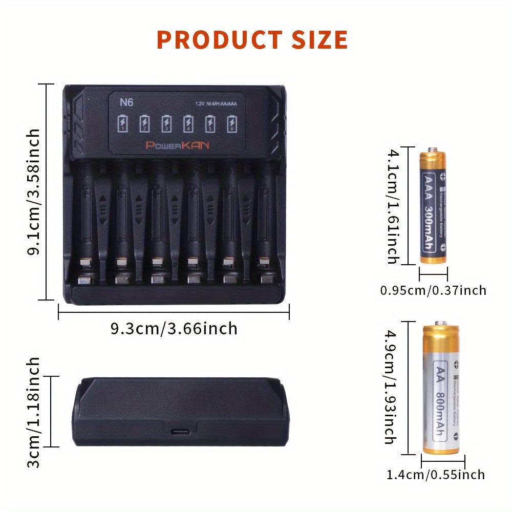 PowerKAN 1.2V NiMH Rechargeable Battery Set includes AA & AAA sizes. It comes with eight 800mAh and eight 300mAh batteries, N6 Charger, USB LED Indicator, fast charging, dischargeable