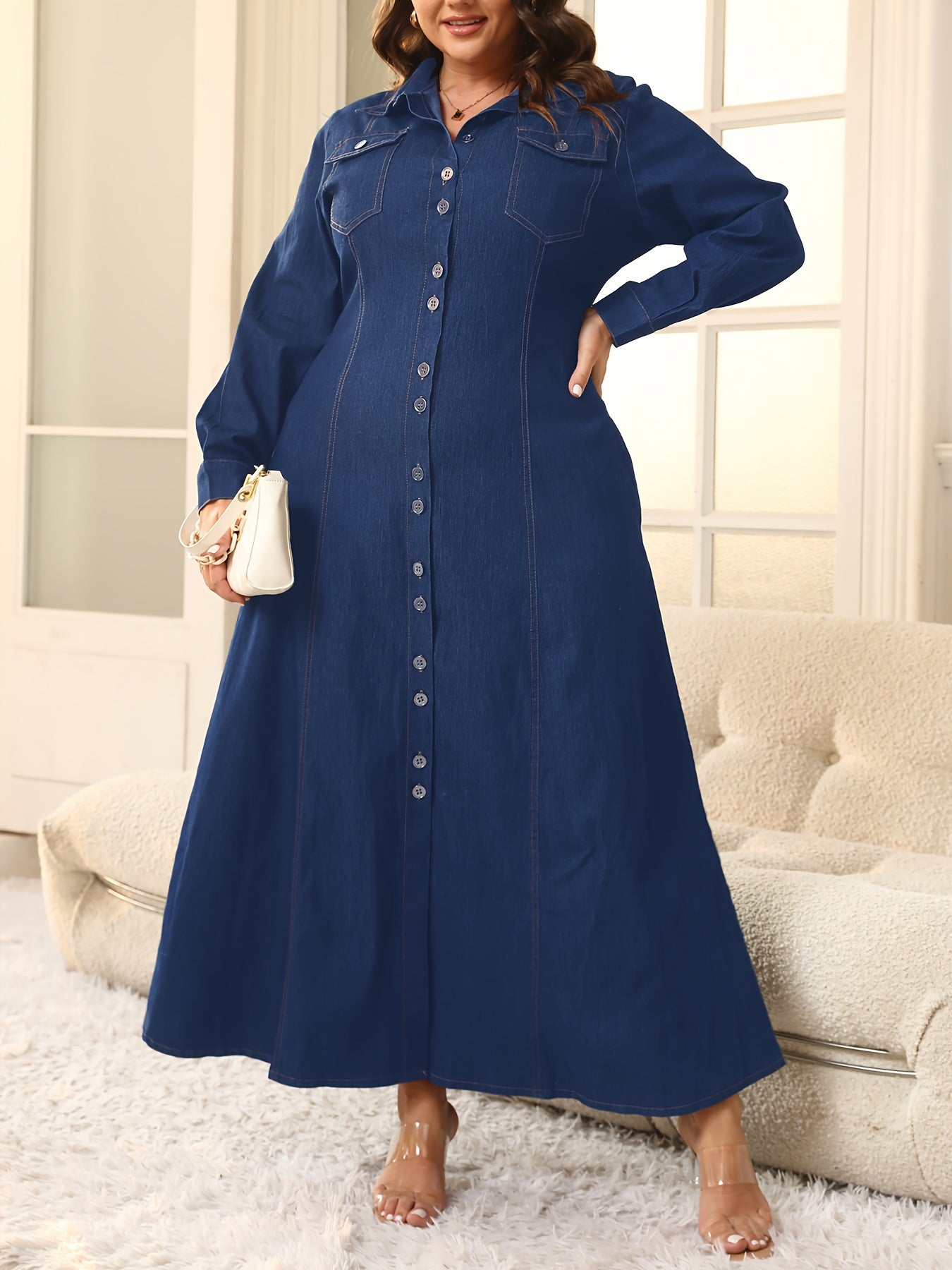 Casual V-Neck Denim Dress for Women, 65% Polyester, 35% Cotton, Slight Stretch, Solid Color, All Seasons, 290g/m² Woven Fabric - Fitted Long Sleeve Style