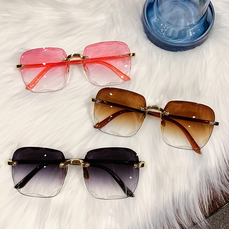 Square rimless fashion glasses for women and men with gradient sun shades, suitable for vacation beach travel. Glasses case not included.