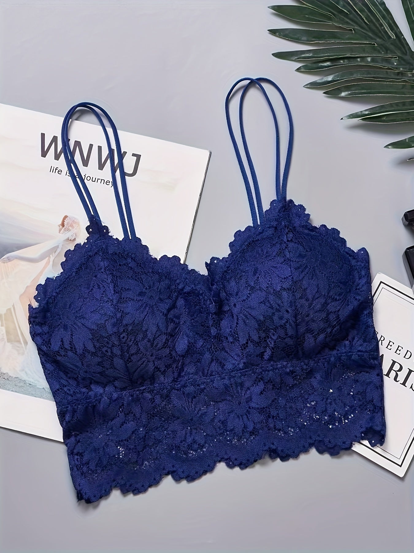 5 floral lace wireless bras for women, full cup with polyamide and spandex knit fabric, mature style with contrast lace detail and removable padding.