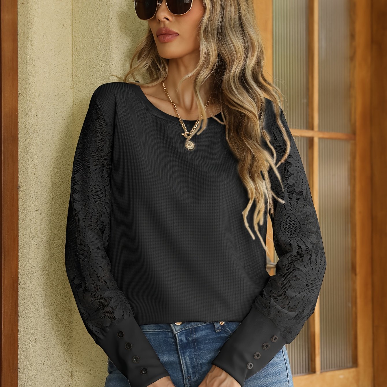 Elegant lace spliced T-shirt for women ideal for spring and fall.