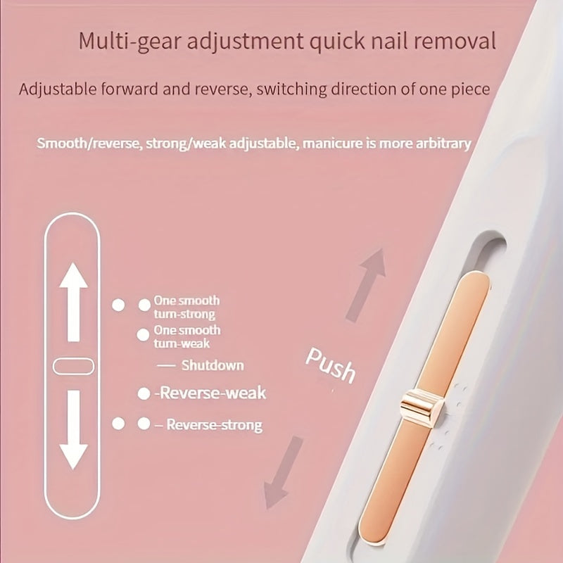 Portable electric nail drill with 5 attachment bits, LED light, adjustable speed, USB charge for manicure and nail care.