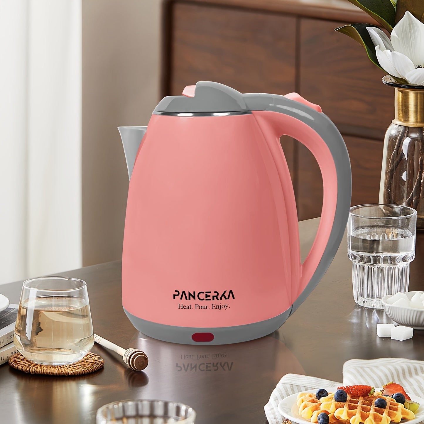 Get ready to experience quick and convenient boiling with the 1pc PANCERKA Electric Kettle. This 1500W kettle can rapidly boil 1.8L of water with its auto shut off feature for safety. Made of stainless steel, it is powered by a 220V European Standard