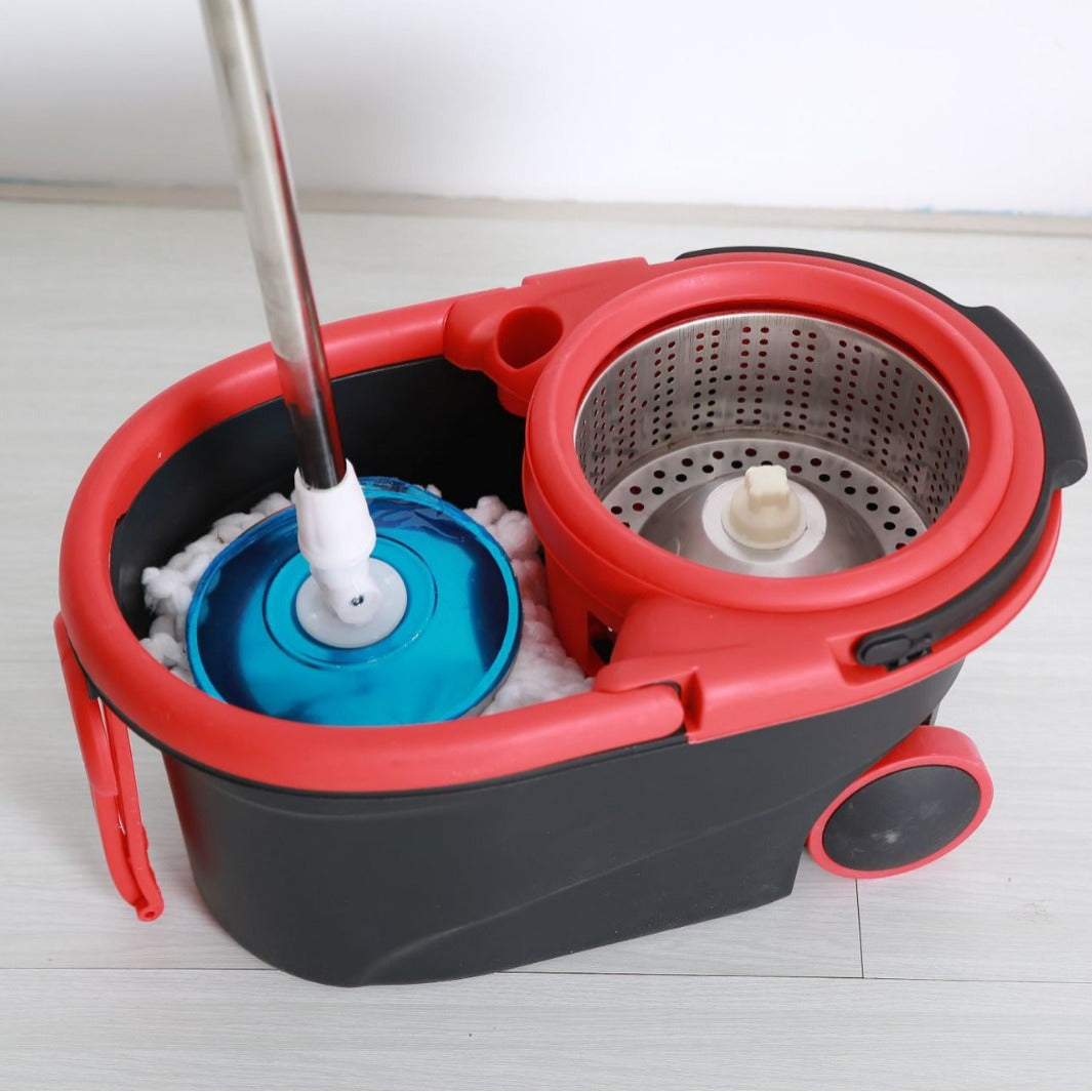 Easy Spin Mop and Bucket Set includes 1 stainless steel-handled mop, dual-drive rotating system, hands-free washing feature, 4 reusable microfiber mop heads. Ideal for cleaning living rooms, bedrooms, bathrooms, toilets, and kitchens.