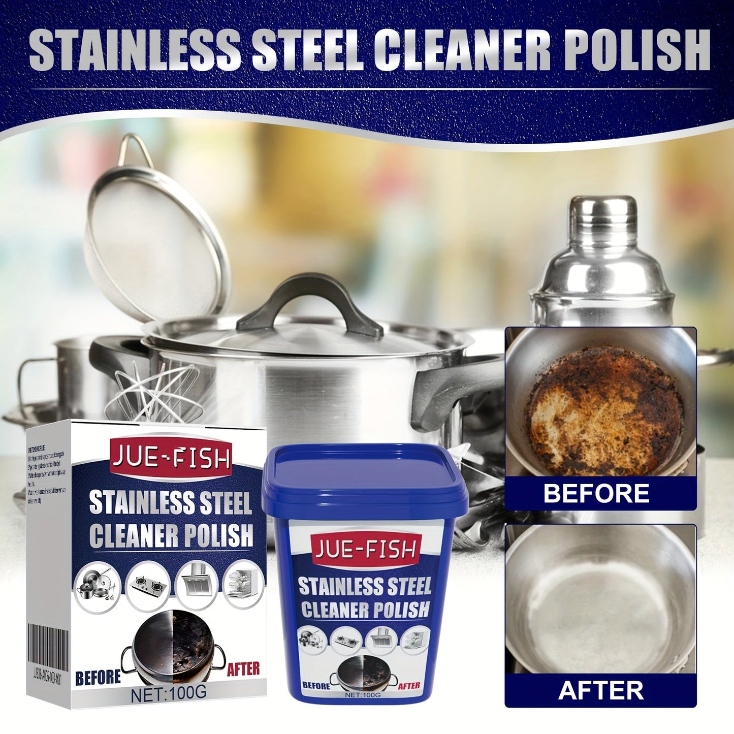 Try our JUE-FISH Stainless Steel Cleaner Polish in a 100g size. This Metal Surface Restorer is perfect for pots and pans, leaving a residue-free shine. Our Kitchen Degreaser contains Citral and is safe to use on food contact surfaces.