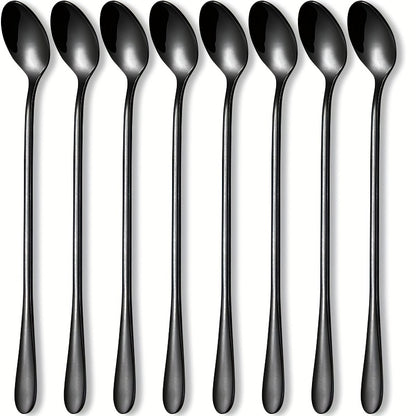 Set of 8 long-handle stainless steel spoons for stirring and mixing various beverages.