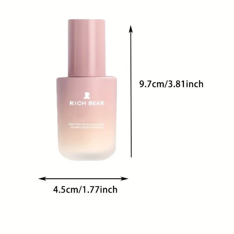 RichBear Soft Mist Long-lasting Liquid Matte Foundation with Oil Control, Concealer, Hydrating, Brightening, Waterproof, and Sweatproof properties.